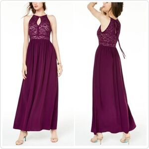 Candalite sequined lace keyhole halter maxi evening gown sz S